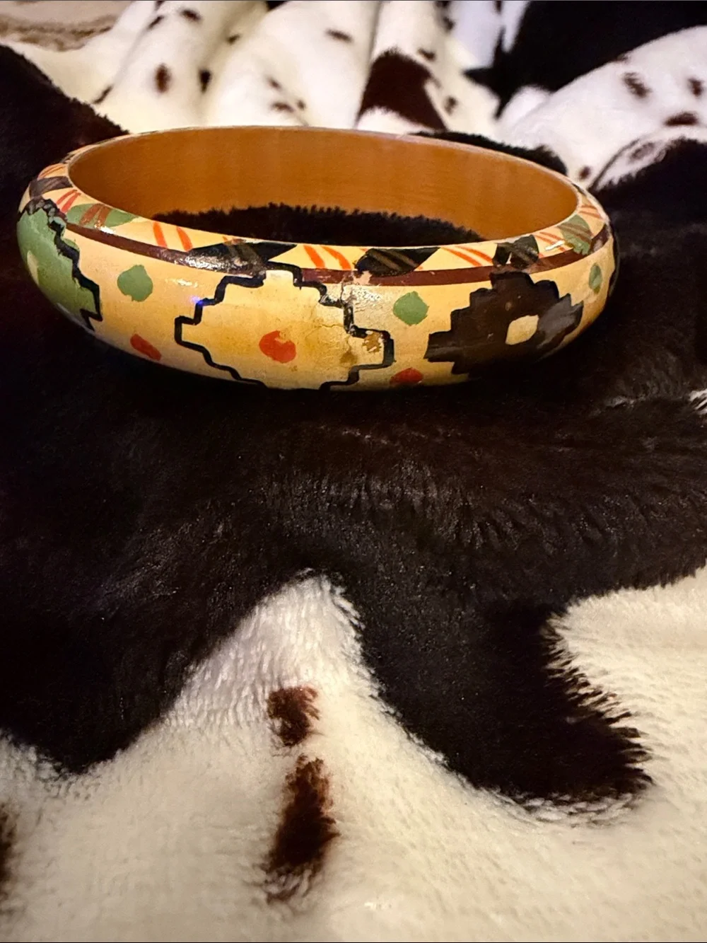 Hand-Painted Southwestern Wooden Bangle Bracelet - Yellow, Blue, Green